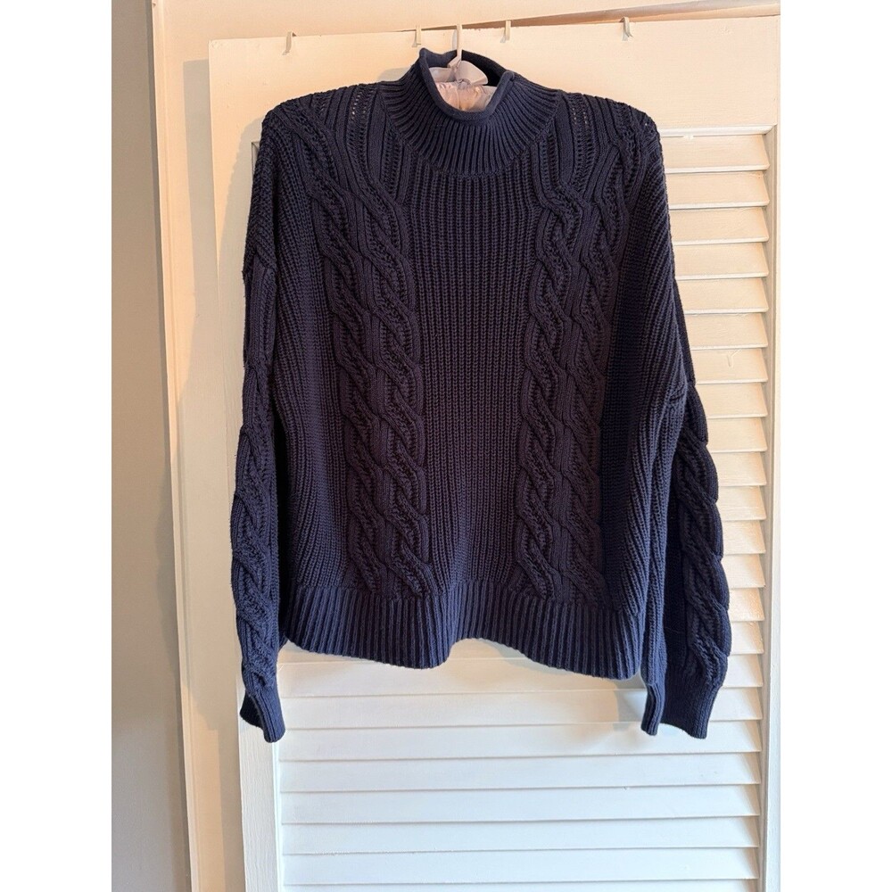 Old Navy Women’s M Blue Cable-Knit Roll Neck Sweater Fisherman Coastal Cotton